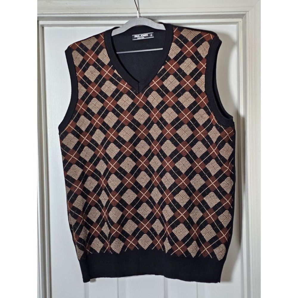 Paul Jones Argyle V Neck Sweater Vest‎ Men's Size XL Brown